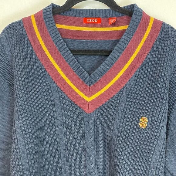 Vintage IZOD Sweater Men's XL Blue Chunky Cable Knit Wool Blend V Neck Pullover - Picture 2 of 12